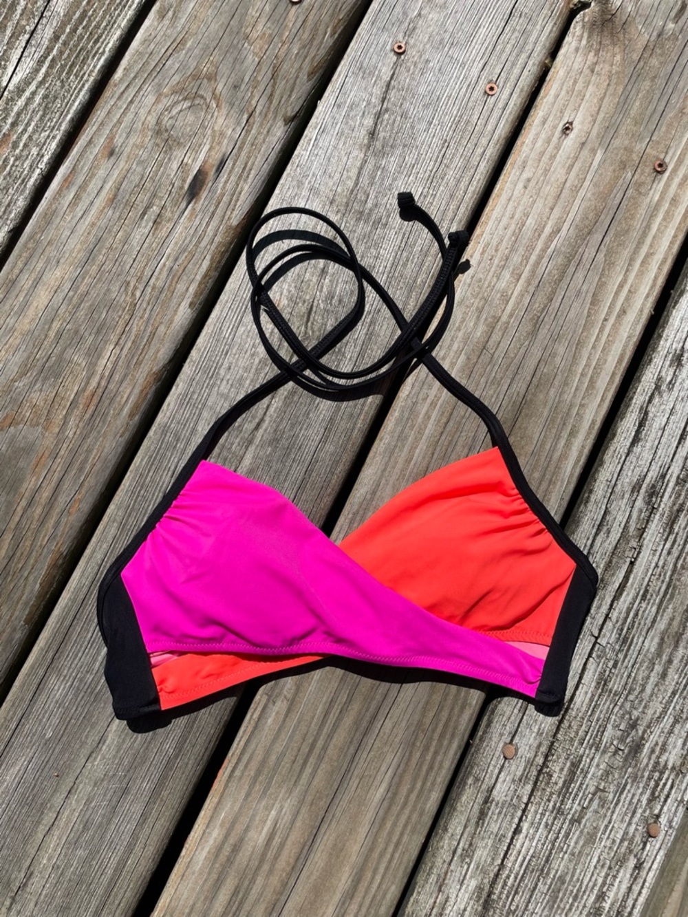 PINK Victoria's Secret Pink & Red Colorblock Halter Bikini Top
